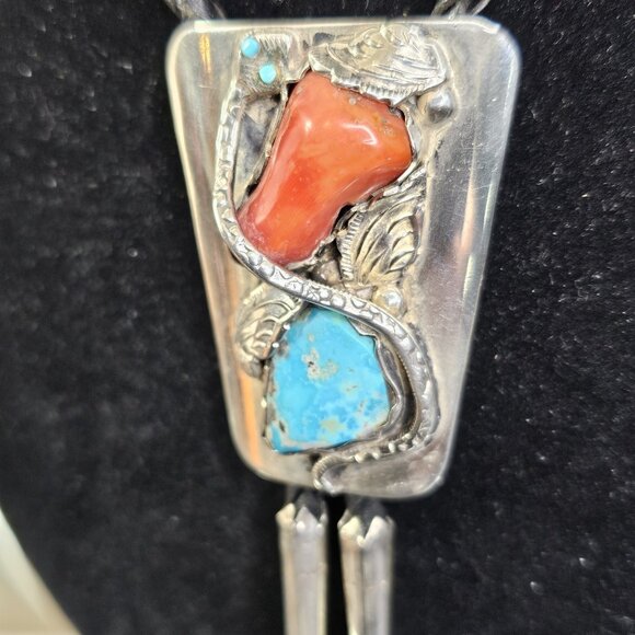 Navajo Turquise Coral Sterling Bolo Tie Snake 925 Silver Tips Simplicio Zuni USA - Picture 4 of 11